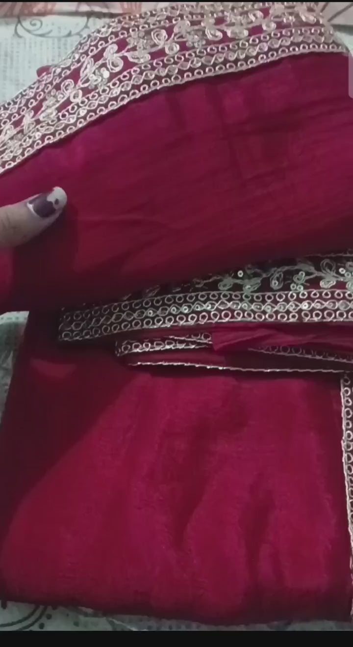 👑 Women's Premium Maroon Satin Silk Saree With Heavy Embroidered Border ✨