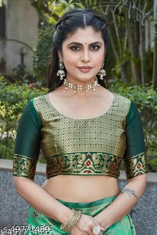 👑 Elegant Cotton Silk Jacquard Saree With Zari Weaving & Unstitched Blouse ✨