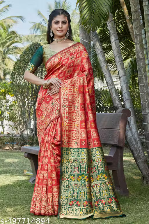 👑 Elegant Cotton Silk Jacquard Saree With Zari Weaving & Unstitched Blouse ✨