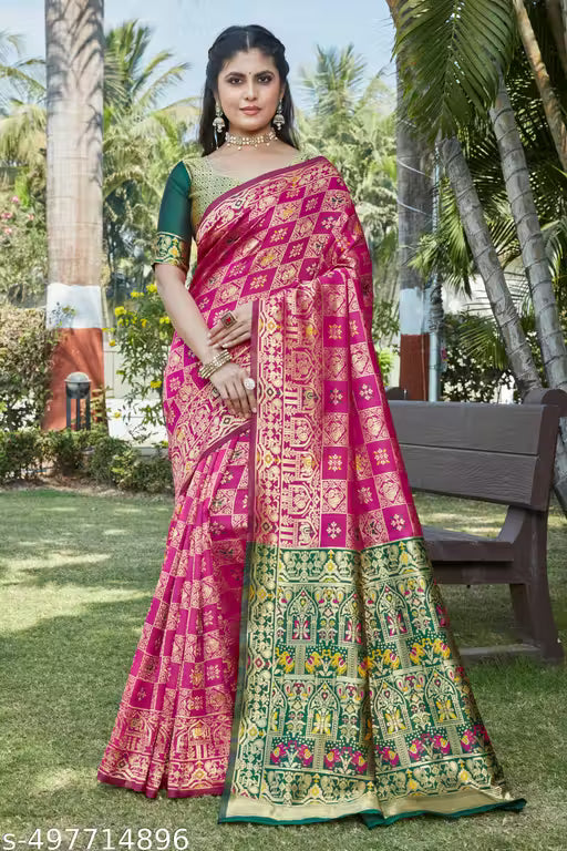 👑 Elegant Cotton Silk Jacquard Saree With Zari Weaving & Unstitched Blouse ✨